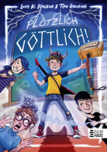 Auf dem Buchcover sieht man einen modern gekleideten Jungen vor einer Schultafel. Auf dem Rücken hat er eine E-Gitarre, in der Hand hält er einen magischen Hammer und auf dem Kopf trägt er einen Helm. Von den Seiten schauen noch drei andere Charaktere ins Bild.