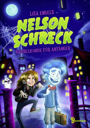 Das Bild zeigt das Cover von dem Buch Nelson Schreck. Vorne sieht man einen blau schimmernden Geist, dahinter schleicht sich ein Mädchen an den Geist, um ihn zu erschrecken. Daneben zieht ein weißes Meerschweinchen eine Grimasse. Im Hintergrund befindet sich eine Stadt bei Nacht.